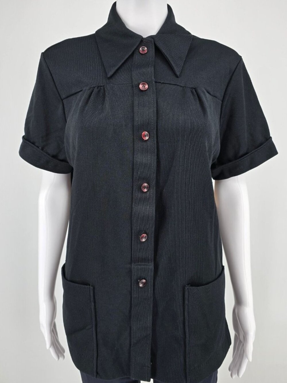 Vintage 1970s Land 'N Sea Pointed Collar Contrast Button Black Tunic Shirt (M)